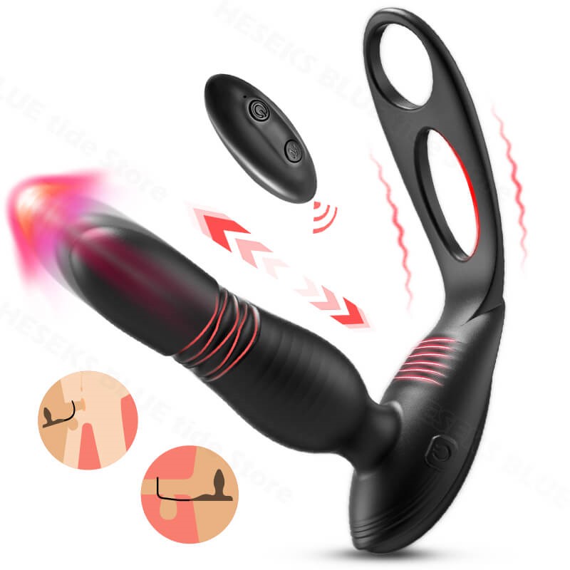 Alfred Low Noise 10 Thrusting & Vibrating Double Cock Rings Silicone Prostate Massager
